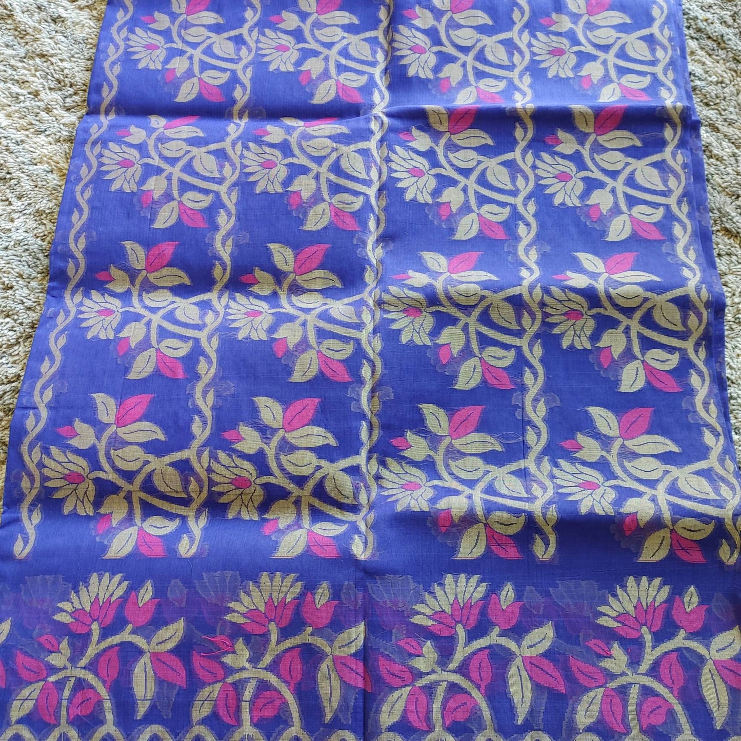 Tangail Muslin Silk Saree, Handloom, Beautiful Royal Blue with Majenta-Golden Thread Work, Elegant,Classy Party Ware