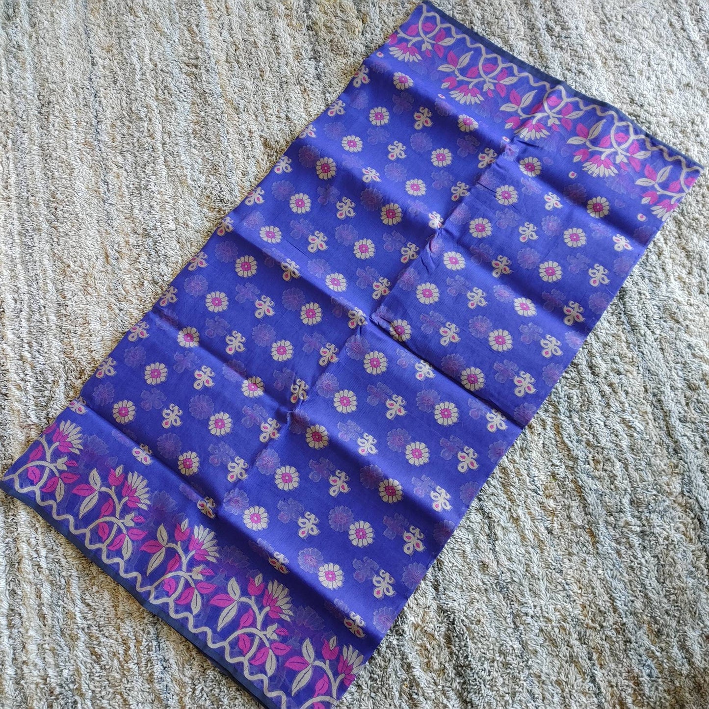 Tangail Muslin Silk Saree, Handloom, Beautiful Royal Blue with Majenta-Golden Thread Work, Elegant,Classy Party Ware
