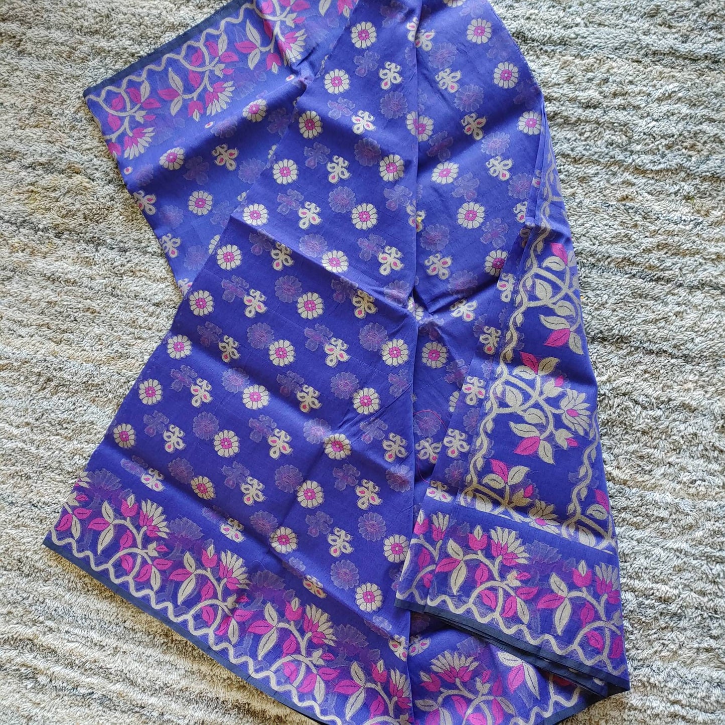 Tangail Muslin Silk Saree, Handloom, Beautiful Royal Blue with Majenta-Golden Thread Work, Elegant,Classy Party Ware