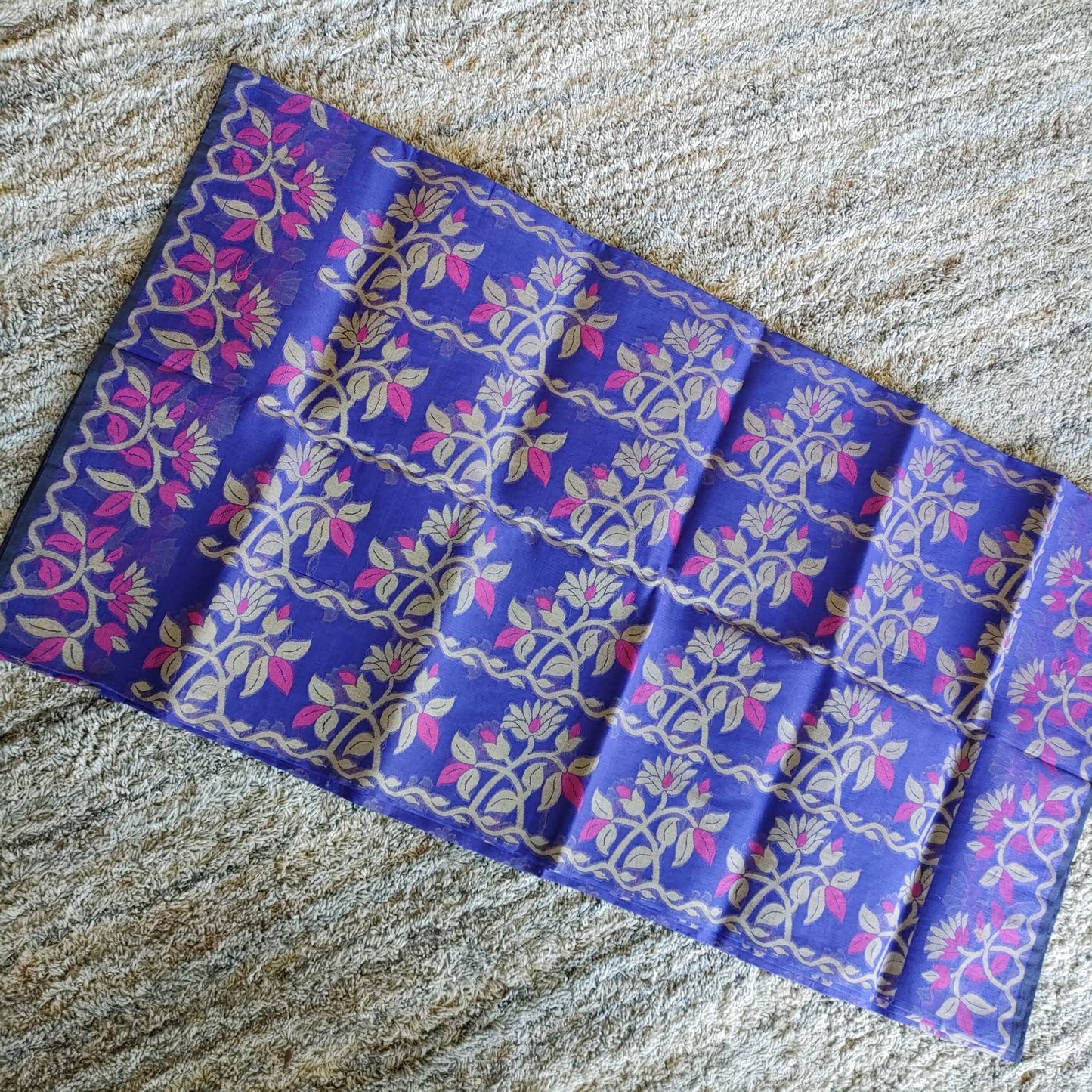 Tangail Muslin Silk Saree, Handloom, Beautiful Royal Blue with Majenta-Golden Thread Work, Elegant,Classy Party Ware