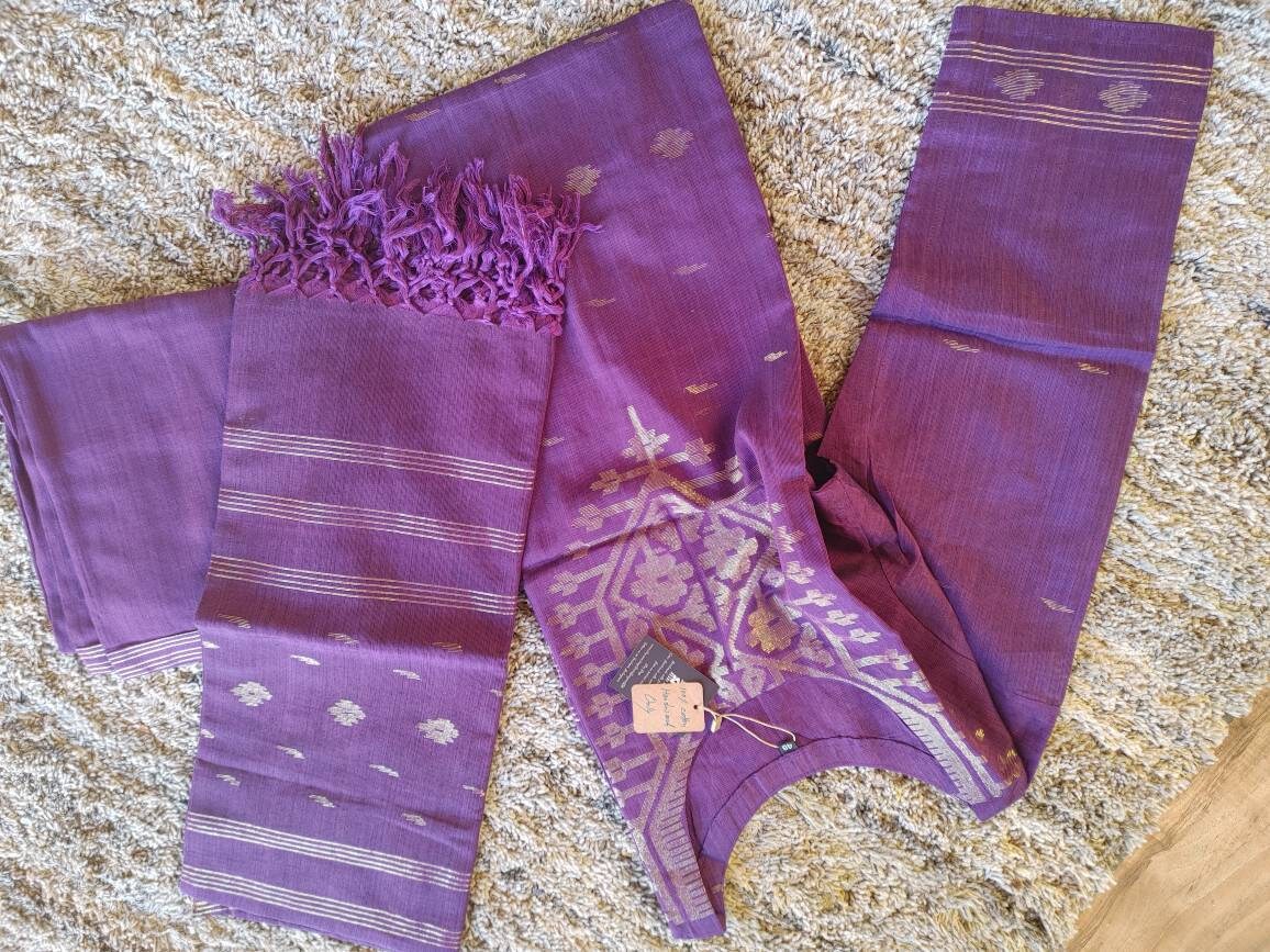 Exclusive Handloom Dhakai Jamdani Cotton 3 piece, Purple with Golden thread(Zari) work, Soft, Comfortable Summer Wear, Kamij-Dupatta-Salwar