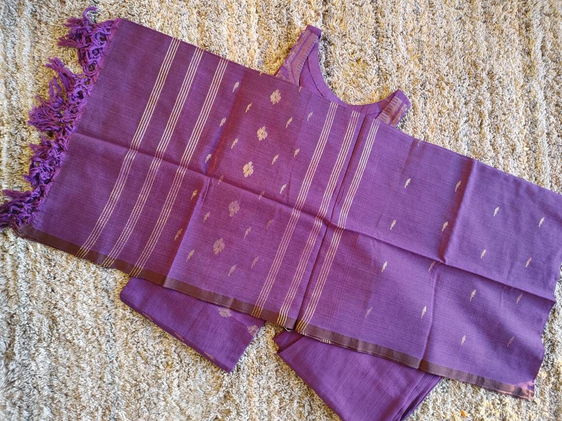 Exclusive Handloom Dhakai Jamdani Cotton 3 piece, Purple with Golden thread(Zari) work, Soft, Comfortable Summer Wear, Kamij-Dupatta-Salwar