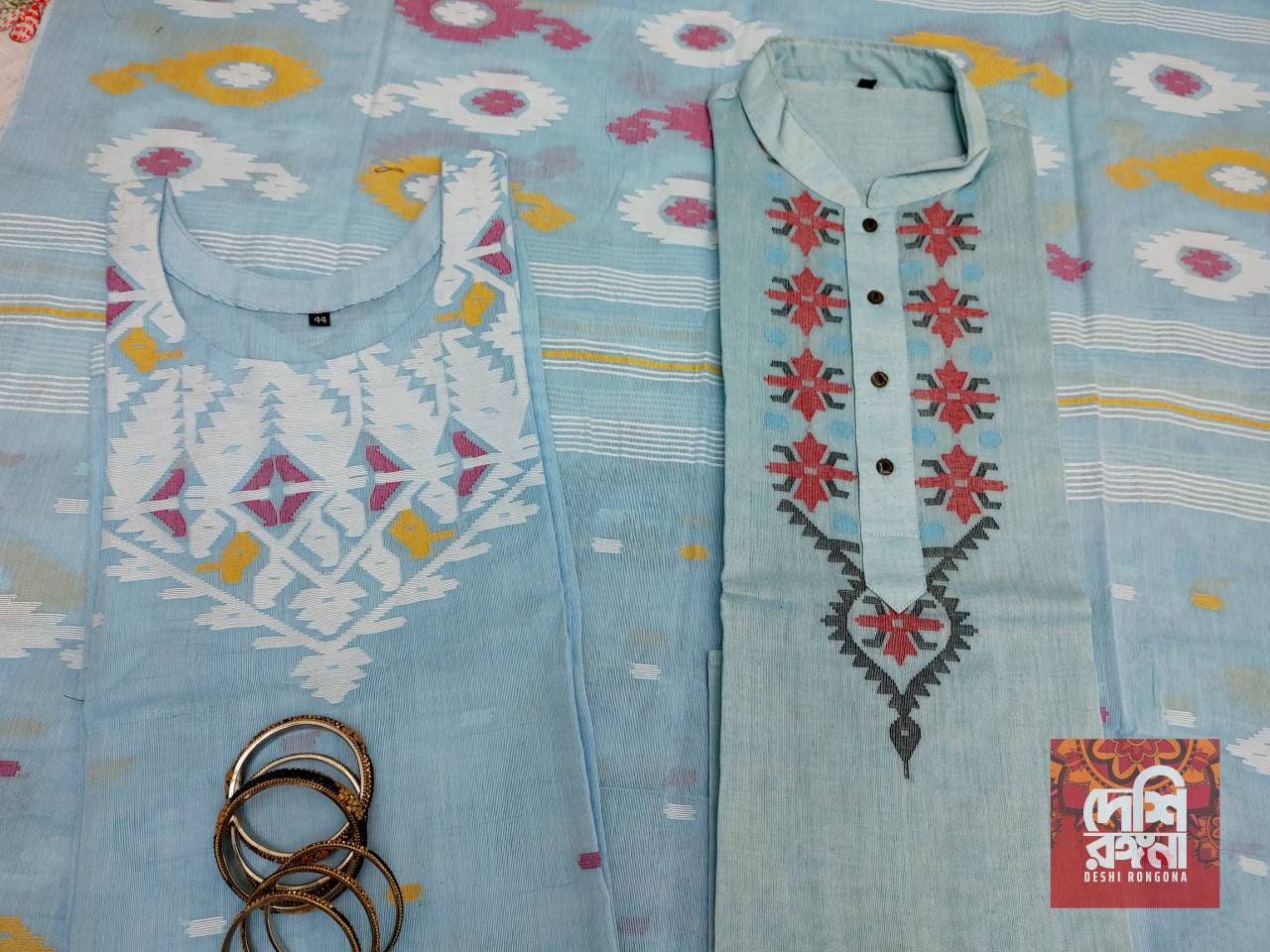 Exclusive Dhakai Jamdani Handloom Couple set, Women Cotton Kamij-Dupatta-Salwar and Men Tosshor Punjabi Combo set, Classy Jamdani
