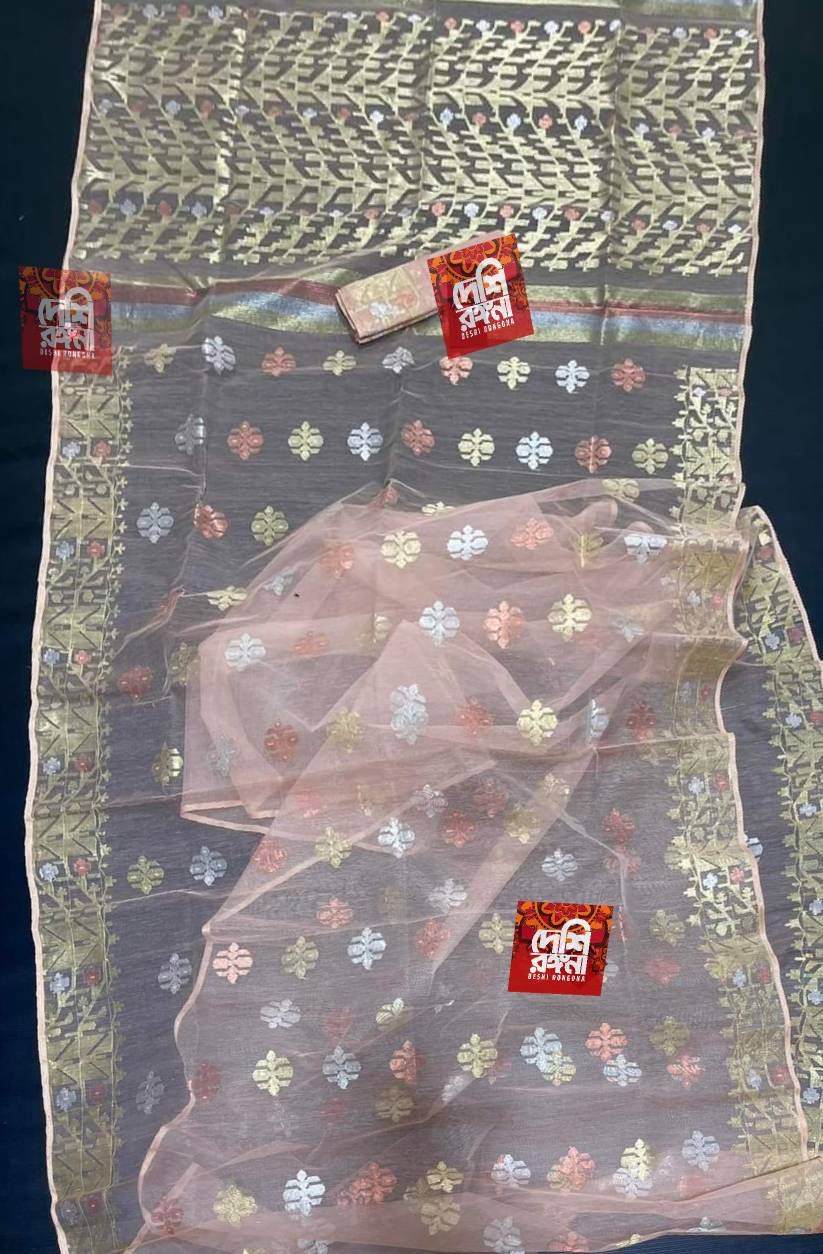 Handwoven Dhakai Jamdani Saree – Light Mauve Halfsilk with Zari