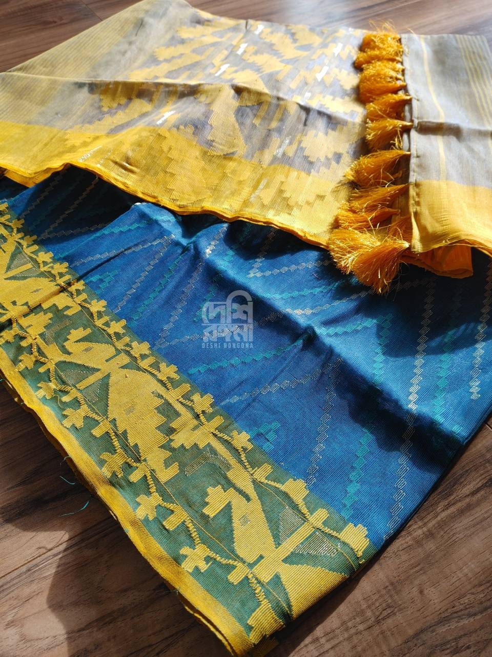 Gorgeous Turquoise-Yellow Couple Set. Dhakai Handloom HalfSilk Jamdani Saree and cotton Punjabi, 64 Count thread Sari Fall/Piku/Tassel done.