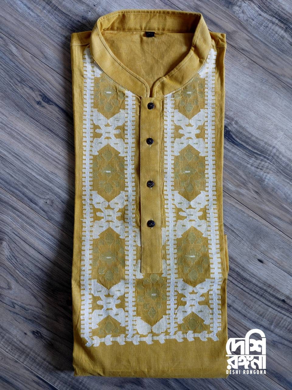 Gorgeous Turquoise-Yellow Couple Set. Dhakai Handloom HalfSilk Jamdani Saree and cotton Punjabi, 64 Count thread Sari Fall/Piku/Tassel done.
