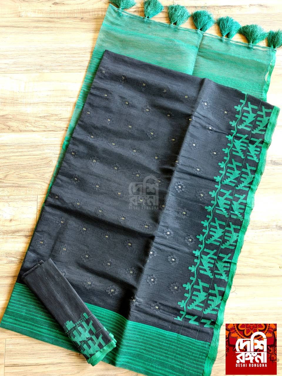 Exclusive Dhakai Jamdani Saree Black/Green Contrast Work, Handloom Jamdani 84 count threaded, Traditional,Elegant, Classy Saree