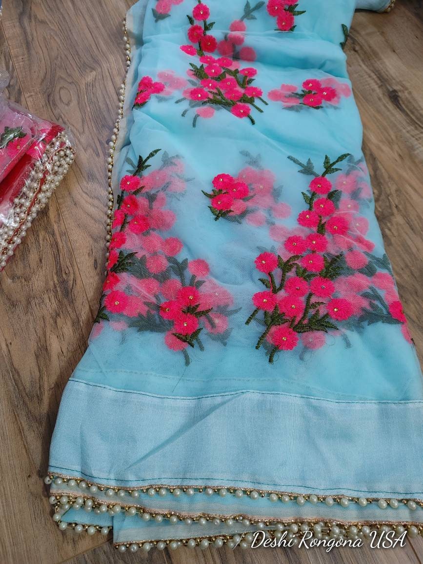 Beautiful Floral Embroidery on Weightless Net Saree, Cotton Silk Border with beaded lace, Perfect Summer look, 7 Beautiful Color Contrasts
