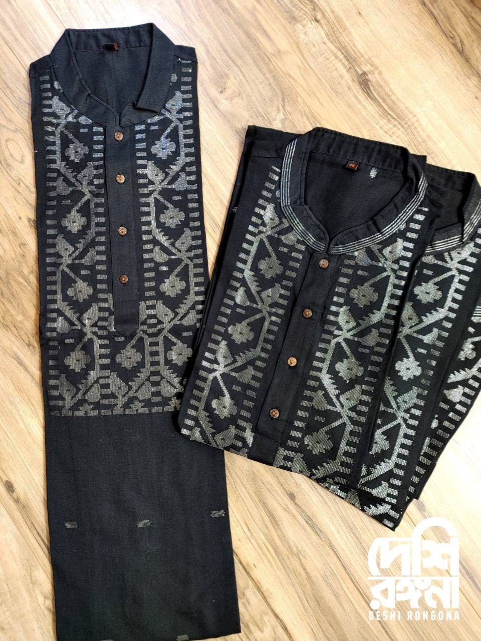 Pure Cotton Dhakai Jamdani Black Punjabi, Handloom, Comfortable, Elegant, Made in Dhaka, Bangladesh. SLIM FIT