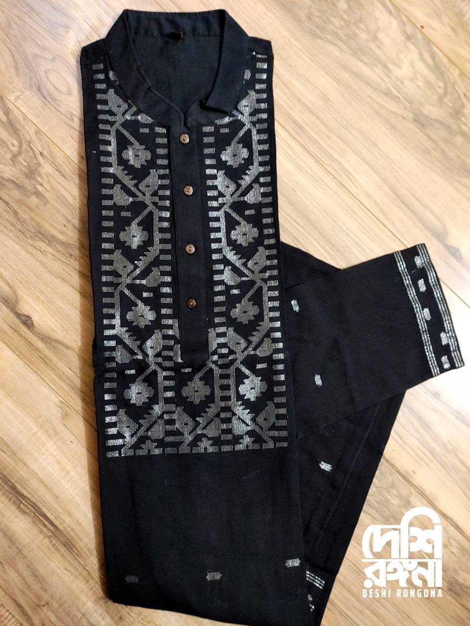 Pure Cotton Dhakai Jamdani Black Punjabi, Handloom, Comfortable, Elegant, Made in Dhaka, Bangladesh. SLIM FIT