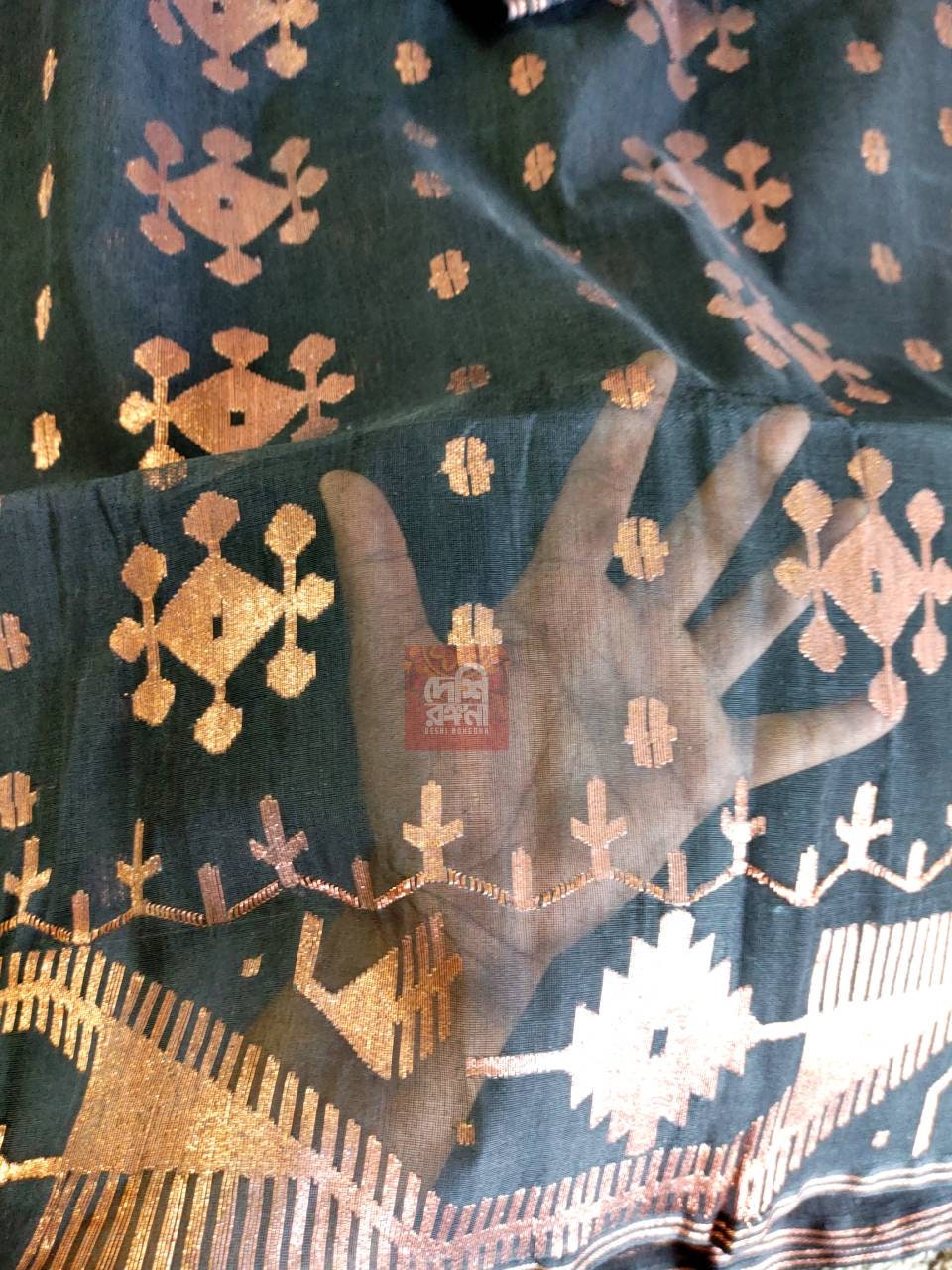 Original Dhakai Handloom Jamdani Black Saree. 64 Count, Halfsilk, Black with Rose golden Jari work,Fall/Piku/Tassel done, Made in Bangladesh