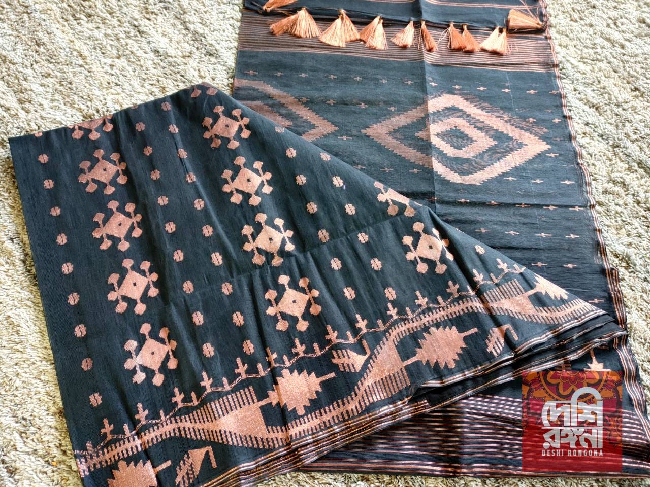 Original Dhakai Handloom Jamdani Black Saree. 64 Count, Halfsilk, Black with Rose golden Jari work,Fall/Piku/Tassel done, Made in Bangladesh
