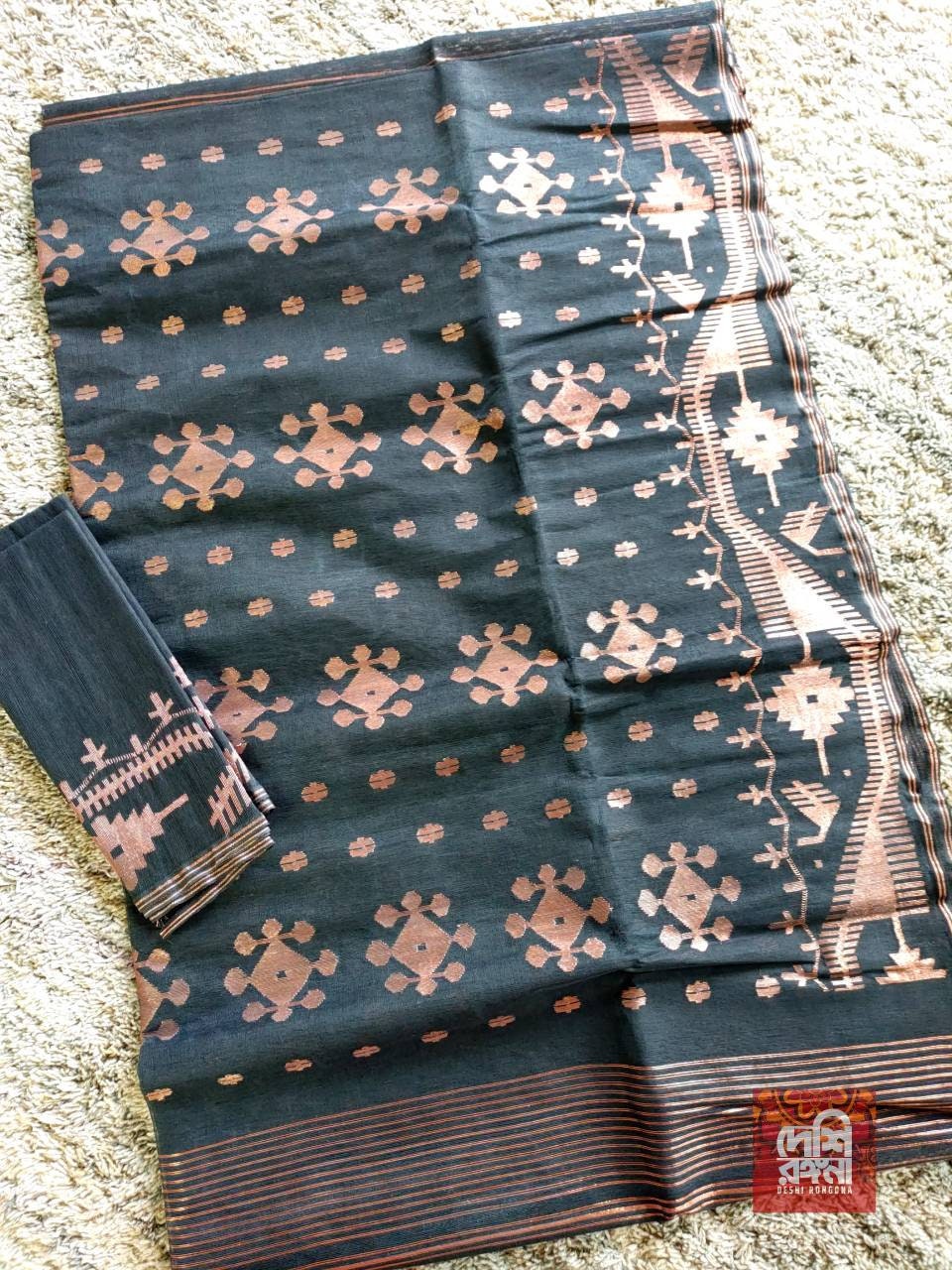 Original Dhakai Handloom Jamdani Black Saree. 64 Count, Halfsilk, Black with Rose golden Jari work,Fall/Piku/Tassel done, Made in Bangladesh