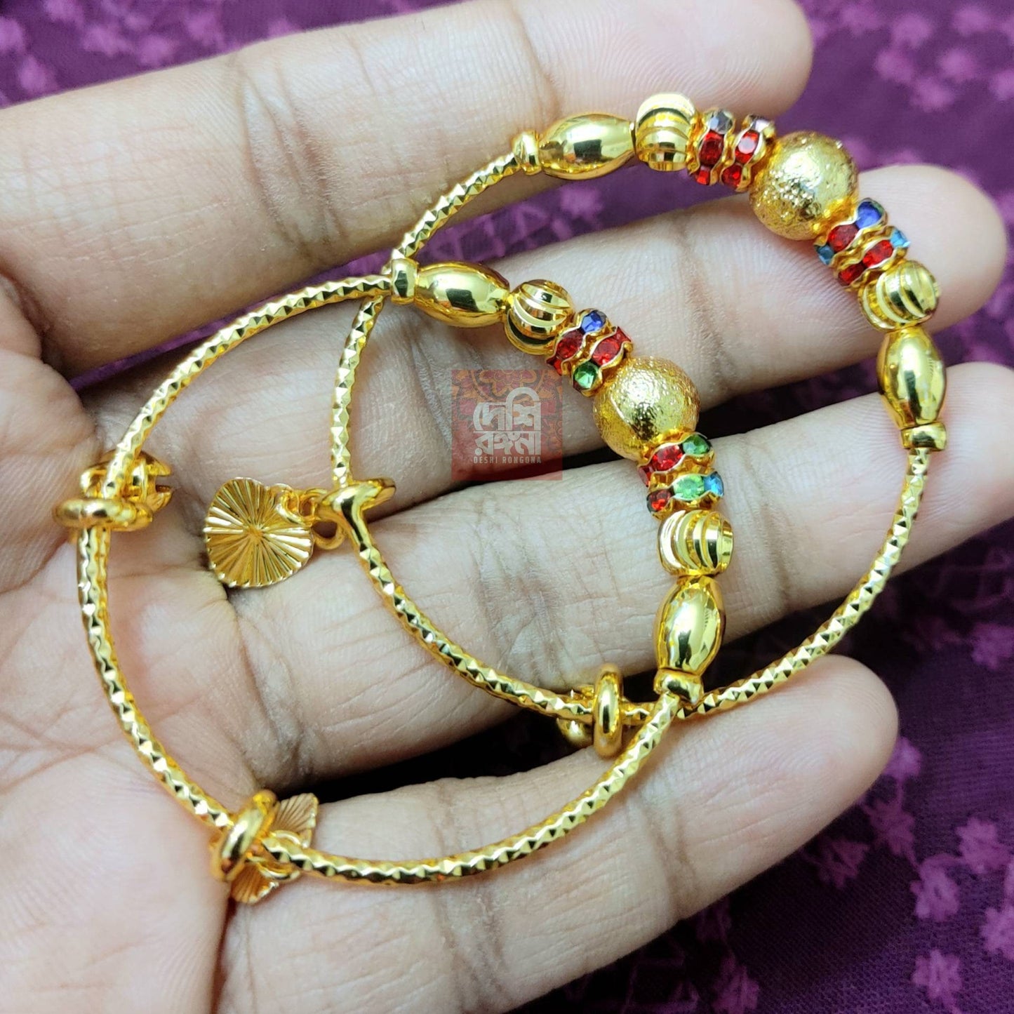 Gold Plated Mom/Baby Girl matching Bangles, 1 pair, Multi Colored Stones, Elegant Gift For Indian Wedding, Bridal, Bridesmaid Party Jewelry
