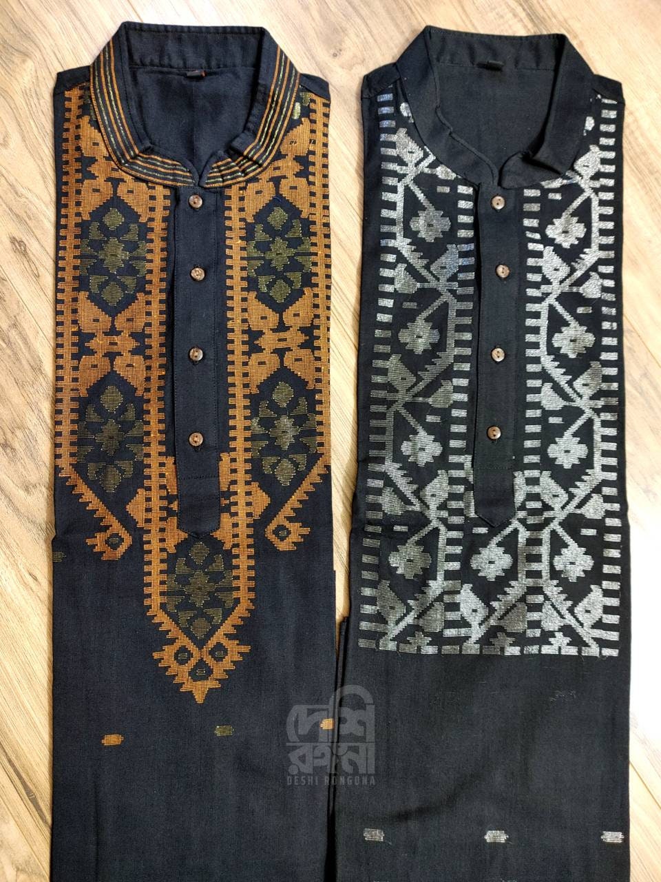 Black Dhakai Jamdani Pure Cotton Punjabi, Handloom, Comfortable, Elegant, Made in Dhaka, Bangladesh, SLIM FIT