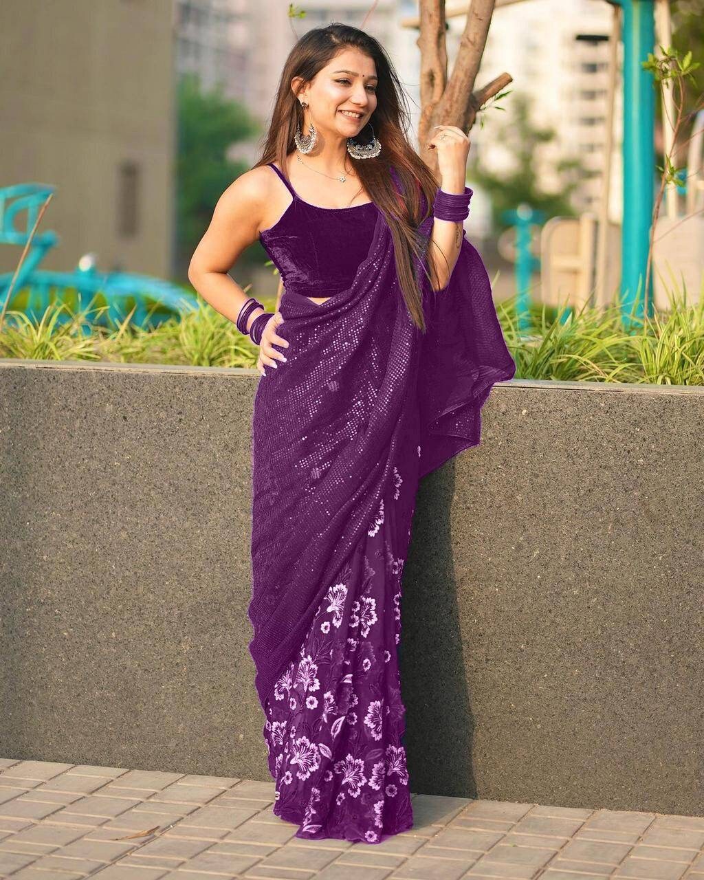 Soft Georgette Party Saree, fabric with sequence and shading embroidery multi work with touch up of cut work and piping border in saree