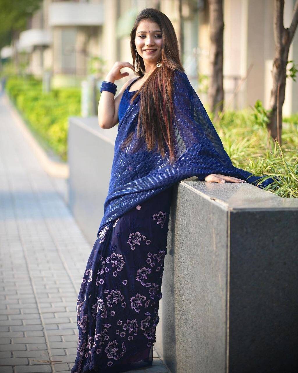 Soft Georgette Party Saree, fabric with sequence and shading embroidery multi work with touch up of cut work and piping border in saree