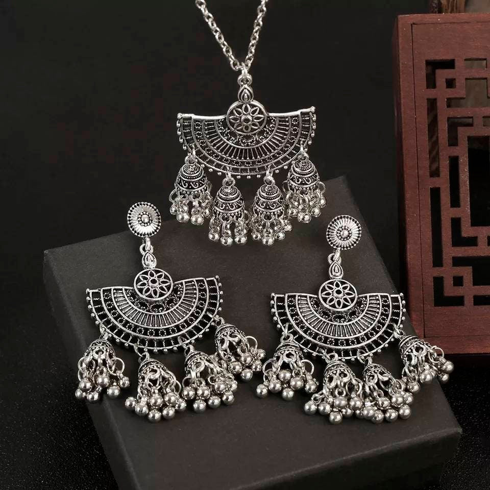 Antique Silver Plated Long Necklace set, Bell theme Jhumka Earrings, Gorgeous Jewelry