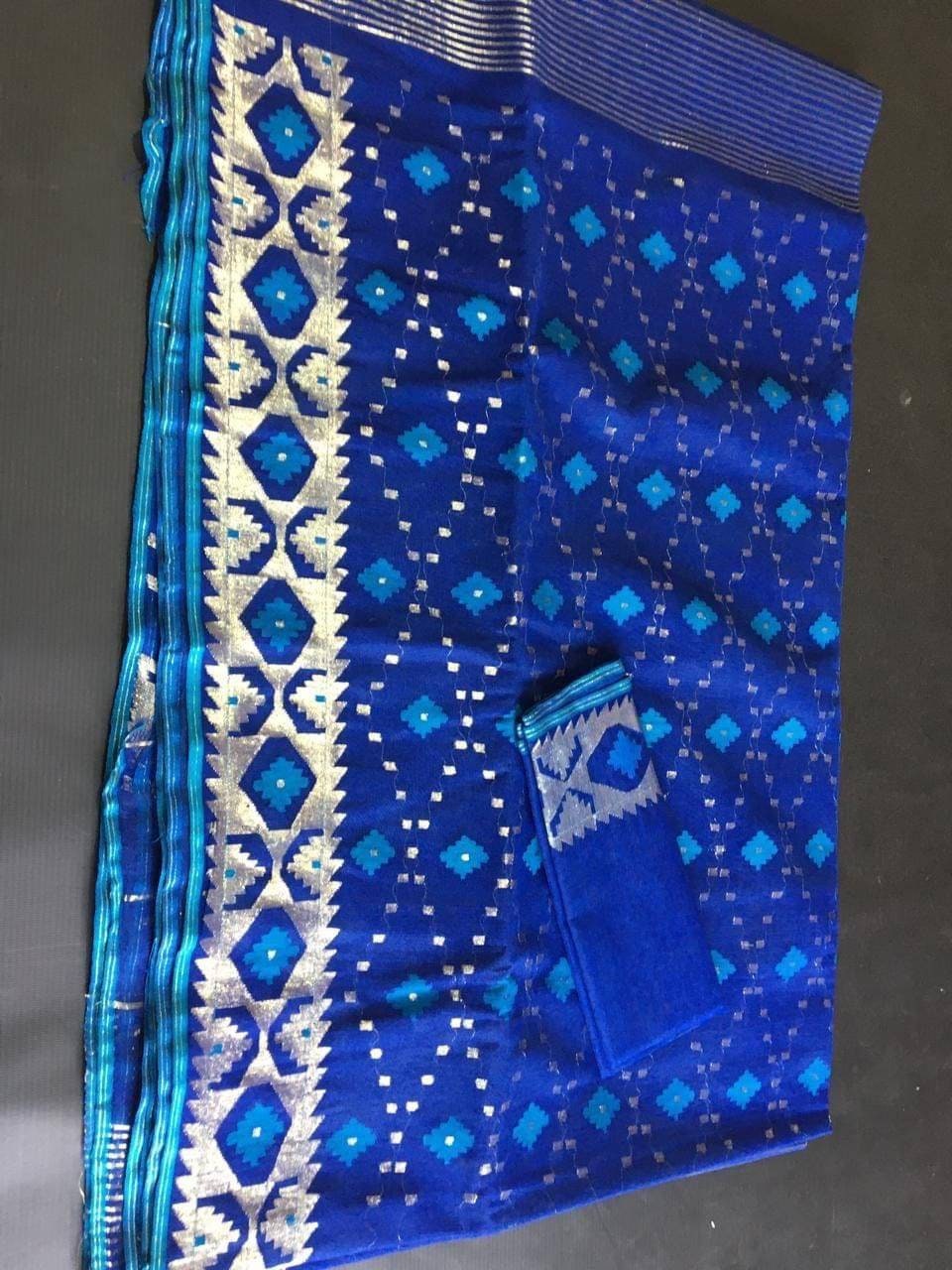 Original Dhakai Handloom Jamdani Saree, Royal Blue with Siver Jari work allover, 84 count thread, Traditional,Elegant,Classy Saree