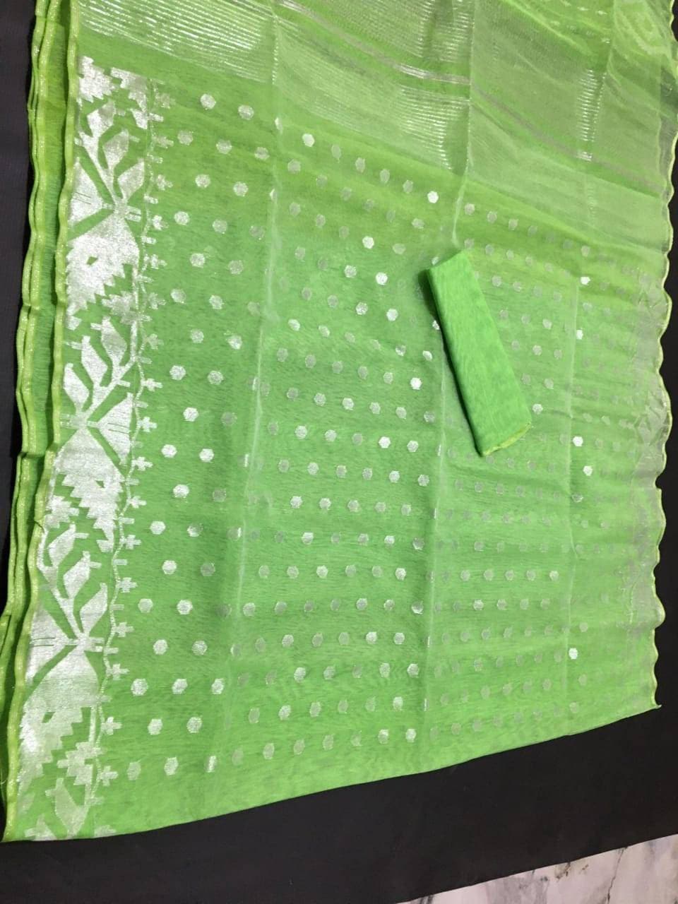 Exclusive Dhakai Jamdani Saree Beautiful Lime Green-Silver Jari Contrast, Handloom, 84 count threaded,Traditional,Elegant, Classy and Saree