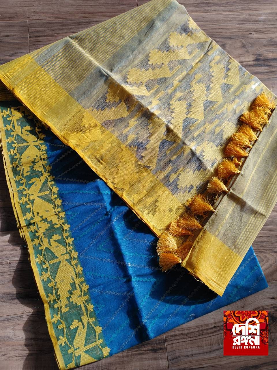 Gorgeous Turquoise-Yellow Couple Set. Dhakai Handloom HalfSilk Jamdani Saree and cotton Punjabi, 64 Count thread Sari Fall/Piku/Tassel done.