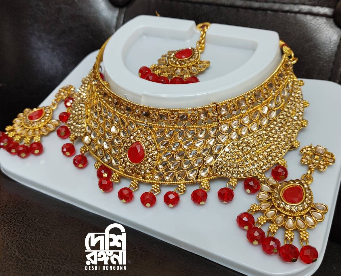 South Indian Women's Gold Plated Bridal Kundan Necklace Set, Designer Antique Fashion Jewelry, Traditional Wedding Jewellery Gift
