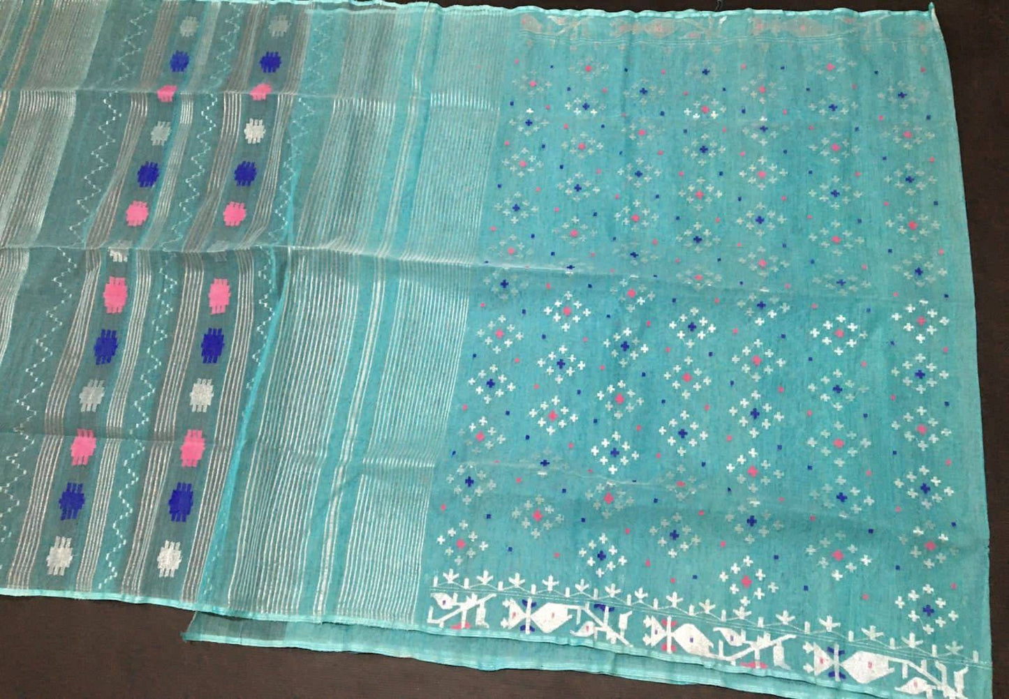Original Dhakai Jamdani Saree, Turquoise Color, Bangladeshi, Handloom Halfsilk Jamdani, 100 count thread, Traditional, Elegant, Classy Saree