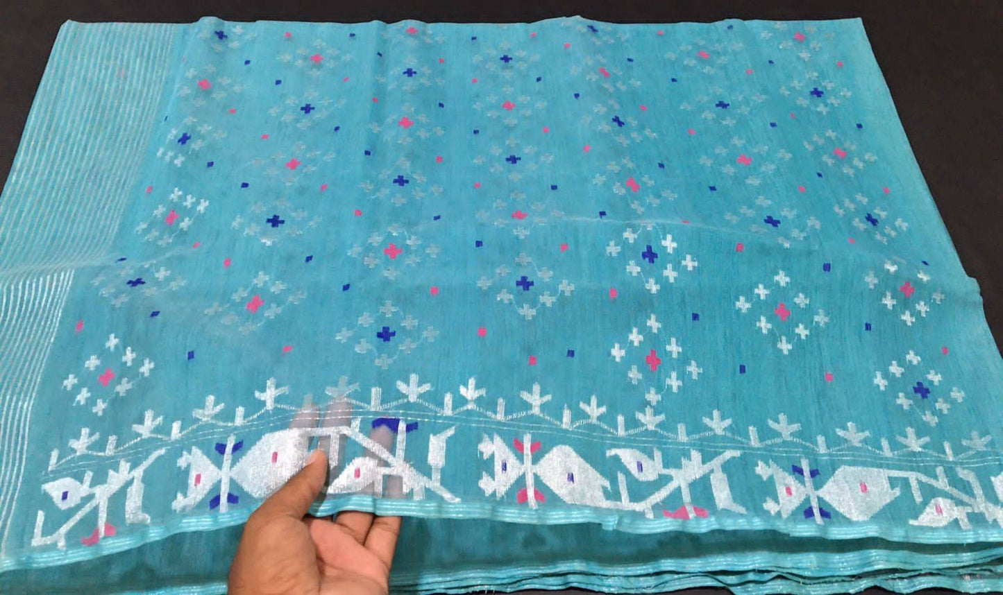 Original Dhakai Jamdani Saree, Turquoise Color, Bangladeshi, Handloom Halfsilk Jamdani, 100 count thread, Traditional, Elegant, Classy Saree