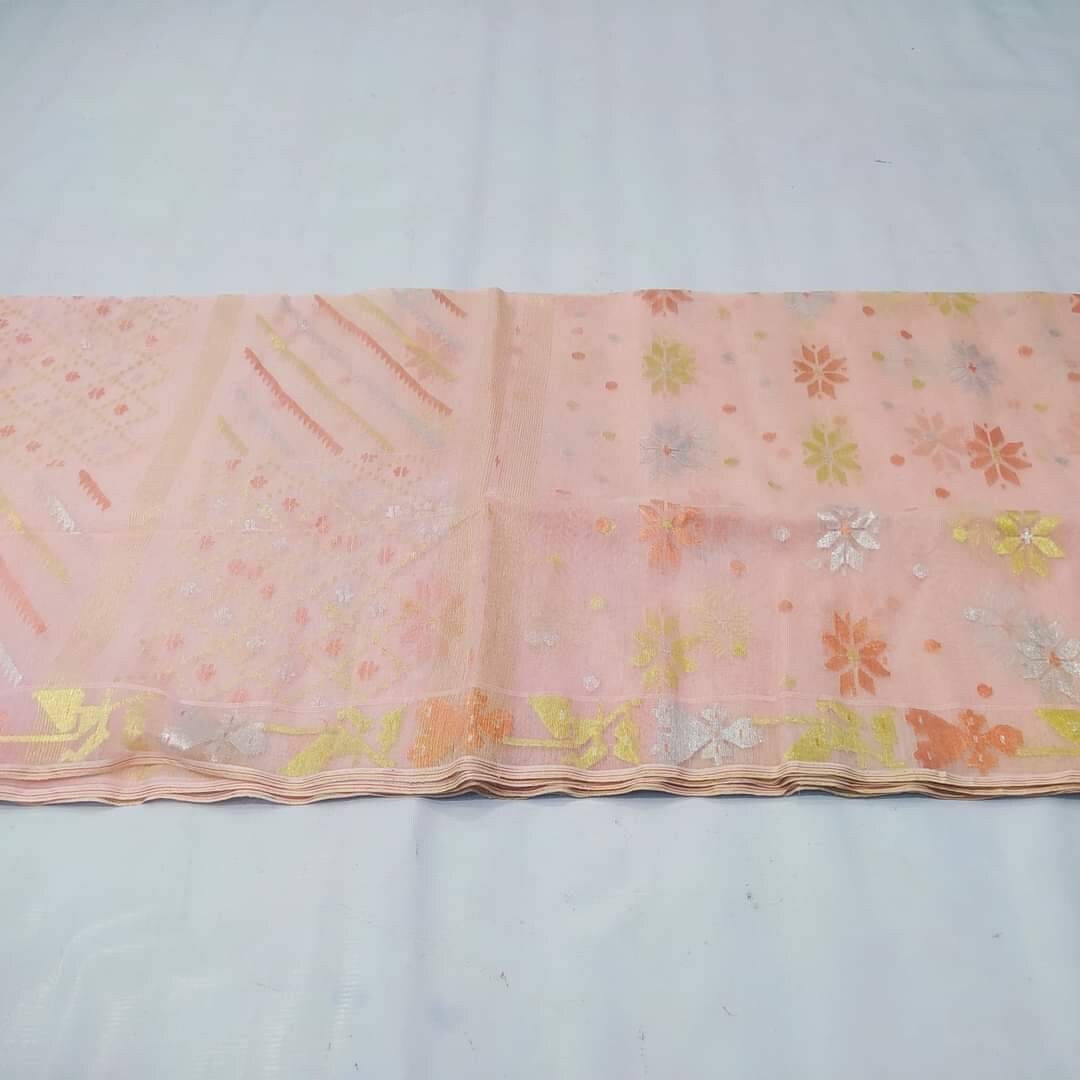 Dhakai Jamdani Saree, Light Peach Color, Handloomed HalfSilk Jamdani 100 count threaded, Traditional,Elegant, Classy Party Saree