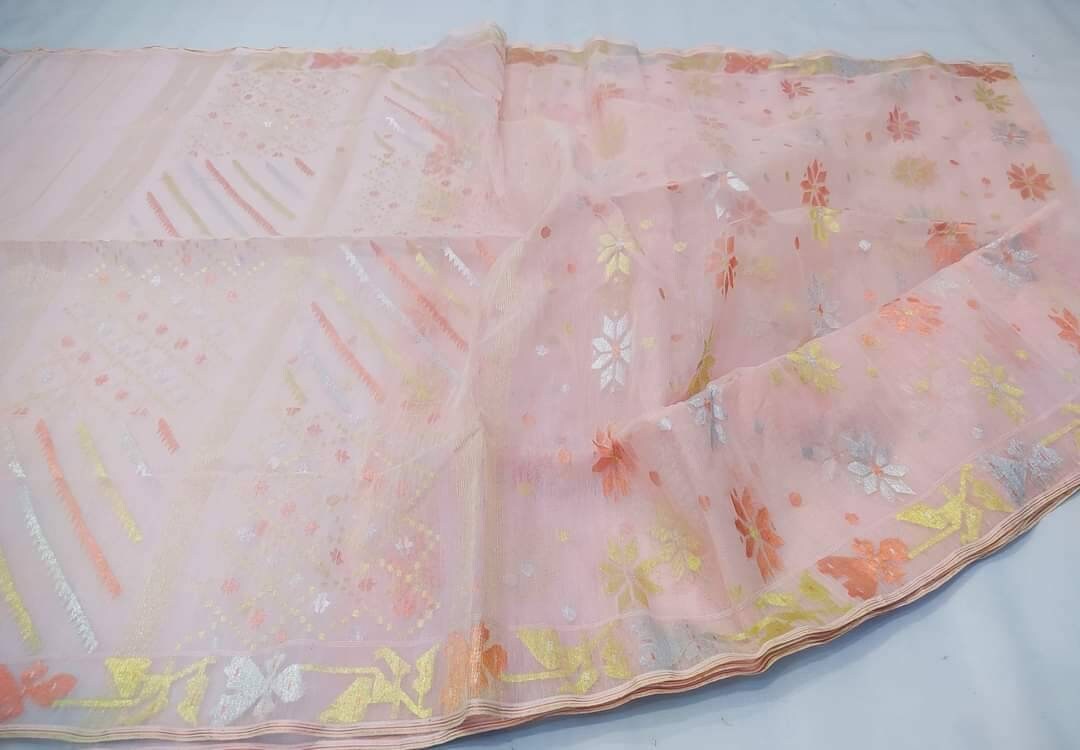 Dhakai Jamdani Saree, Light Peach Color, Handloomed HalfSilk Jamdani 100 count threaded, Traditional,Elegant, Classy Party Saree