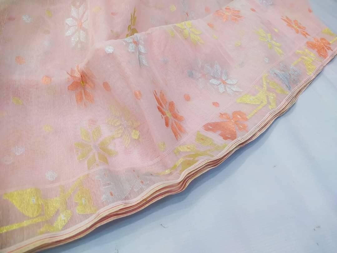 Dhakai Jamdani Saree, Light Peach Color, Handloomed HalfSilk Jamdani 100 count threaded, Traditional,Elegant, Classy Party Saree