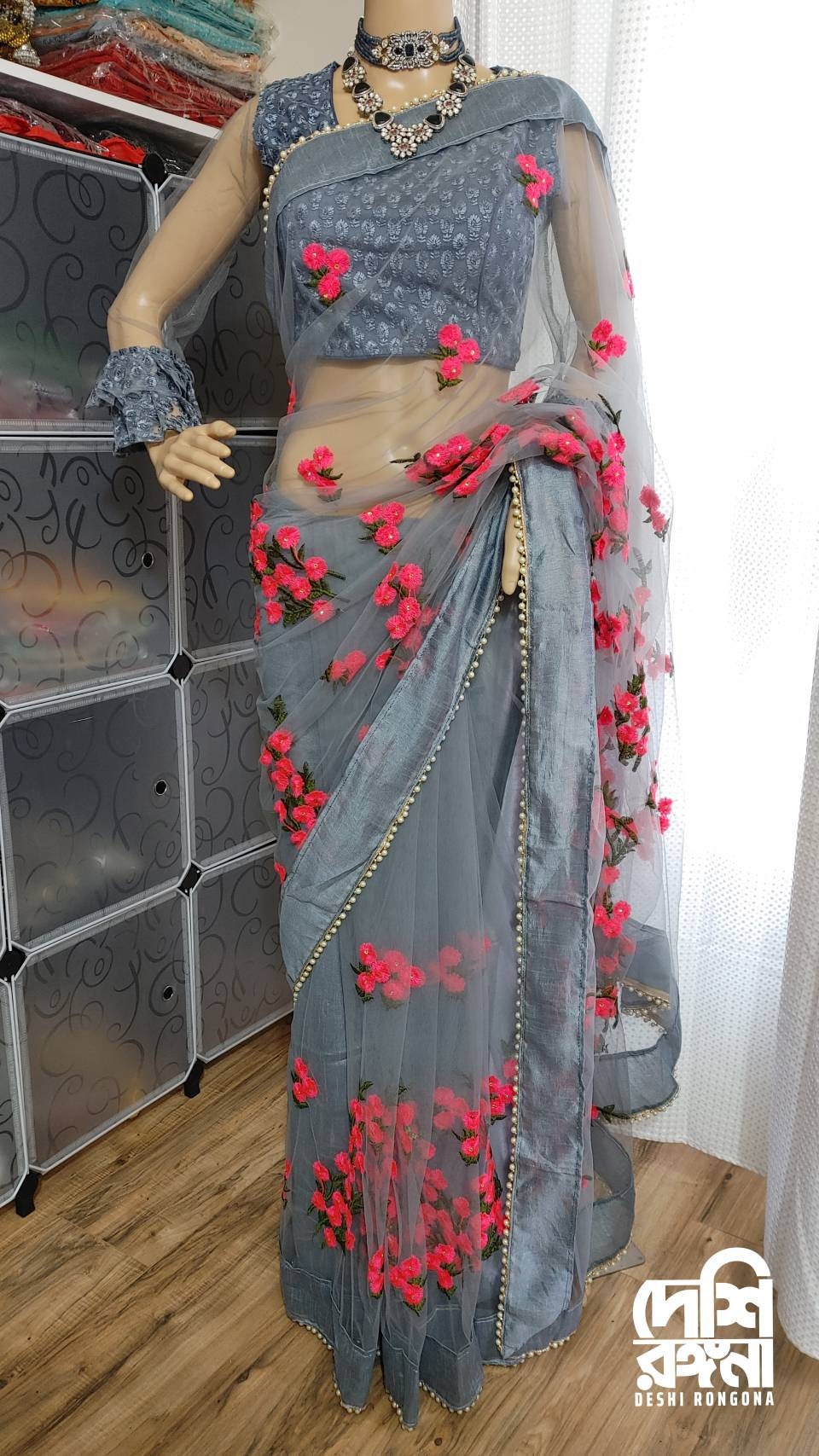 Beautiful Floral Embroidery on Weightless Net Saree, Cotton Silk Border with beaded lace, Perfect Summer look, 7 Beautiful Color Contrasts