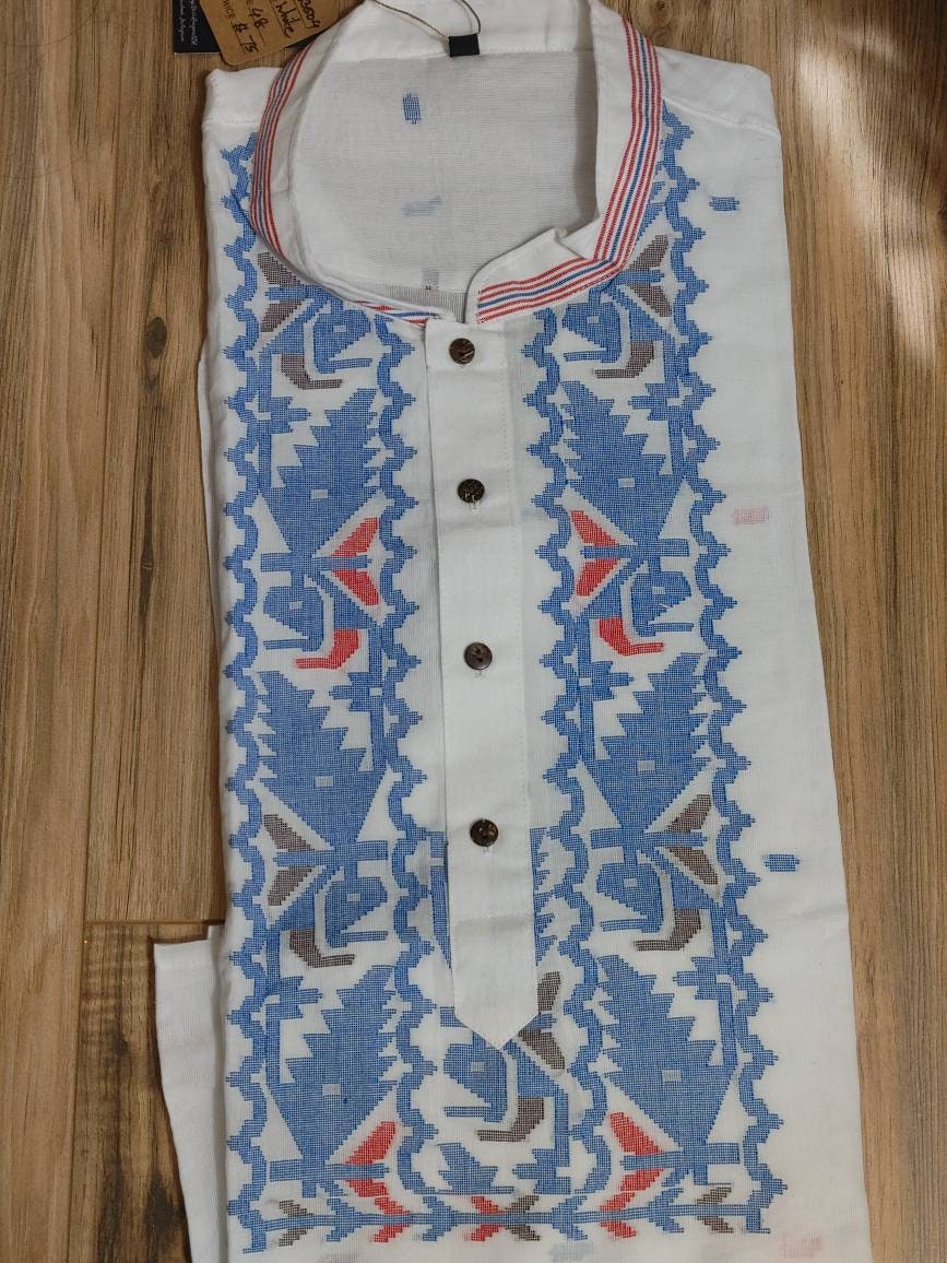 Pure Cotton Dhakai Jamdani Men Punjabi, SLIM FIT, Handloom, Comfortable, Elegant, Made in Dhaka, Bangladesh