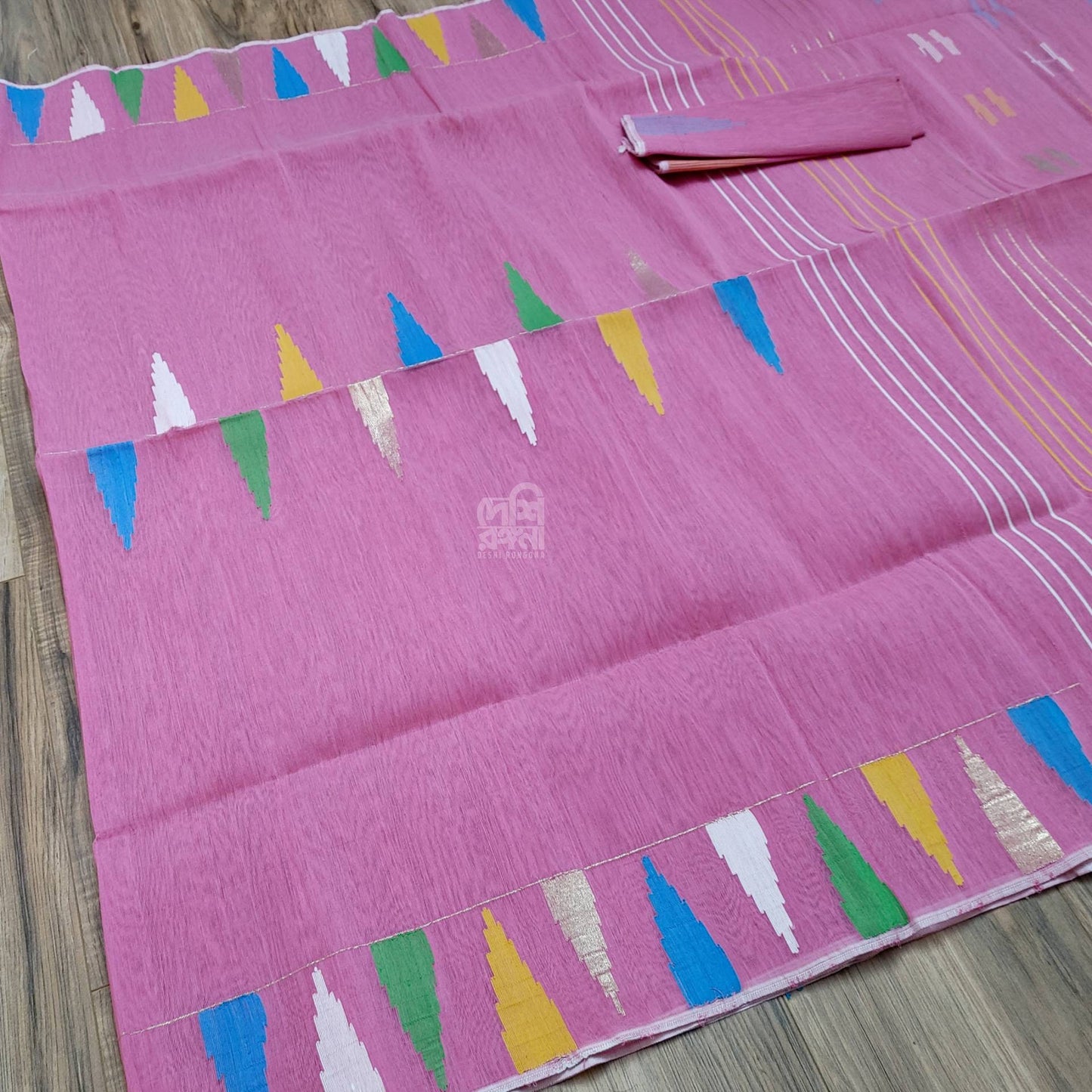 riginal Dhakai Jamdani Saree, Beautiful Pink, Multi-Color Contrast, Handwoven 40 Count Thread