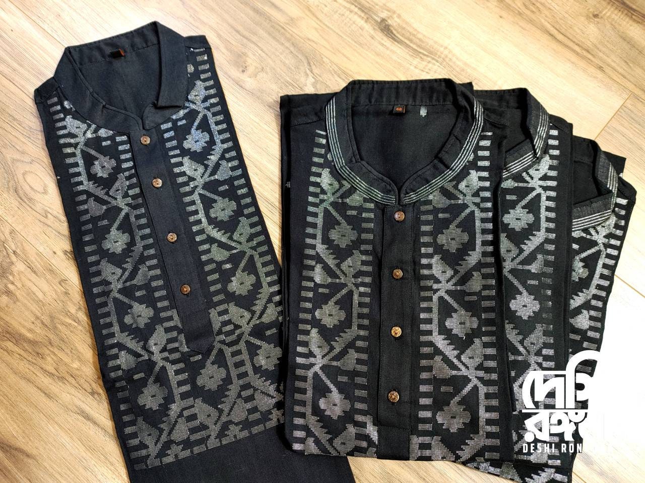 Black Dhakai Jamdani Pure Cotton Punjabi, Handloom, Comfortable, Elegant, Made in Dhaka, Bangladesh, SLIM FIT