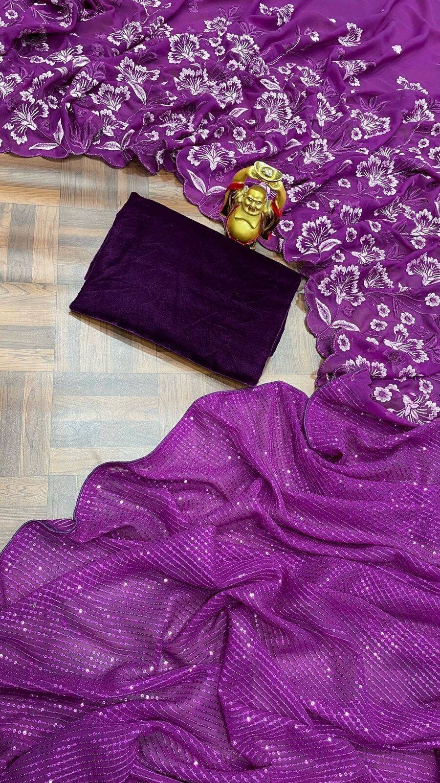 Soft Georgette Party Saree, fabric with sequence and shading embroidery multi work with touch up of cut work and piping border in saree
