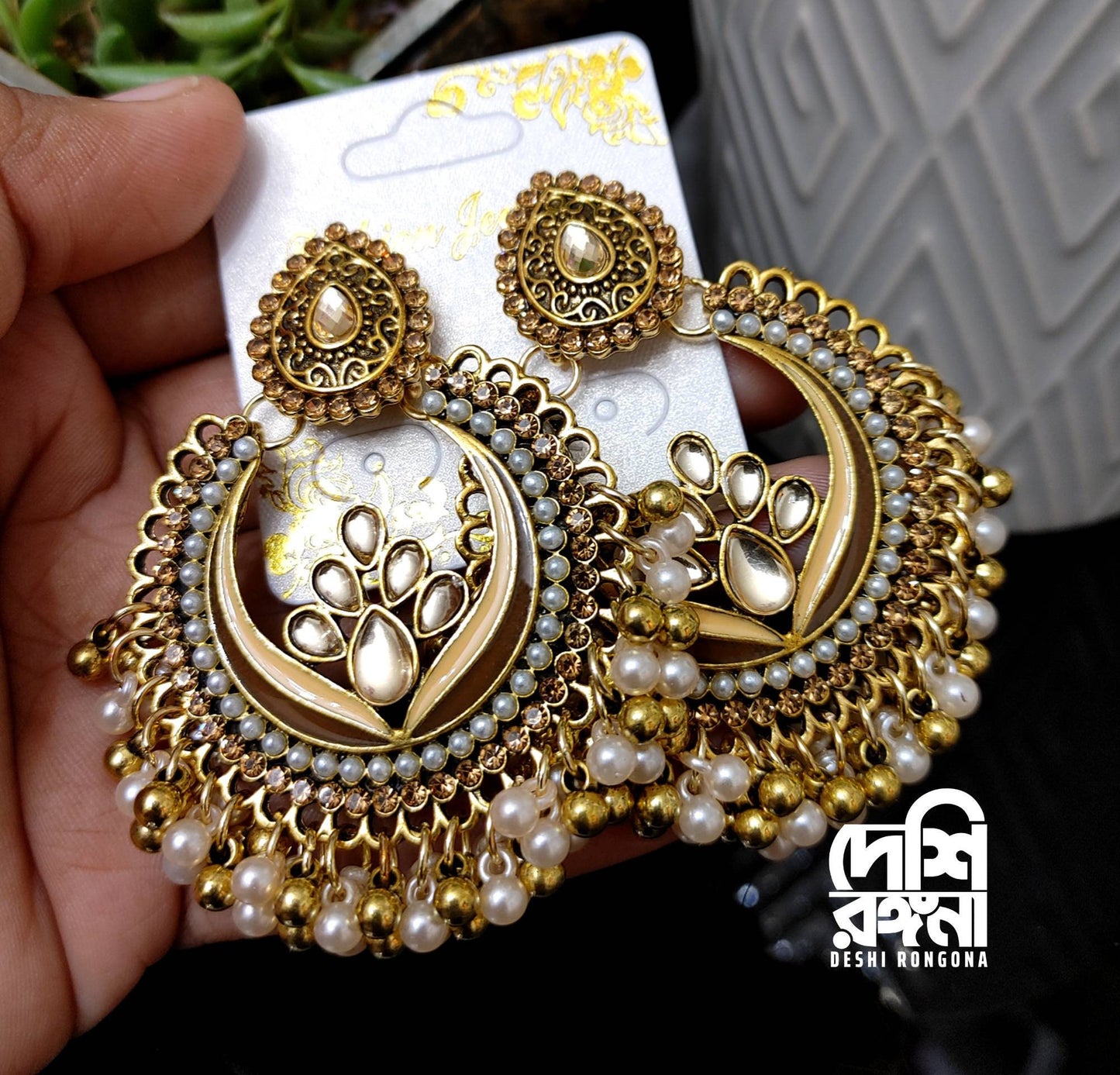 Metallic Glass Hollow Chandbali Earrings, Palace Banquet Retro Dangle Earrings, Gorgeous Jewelry