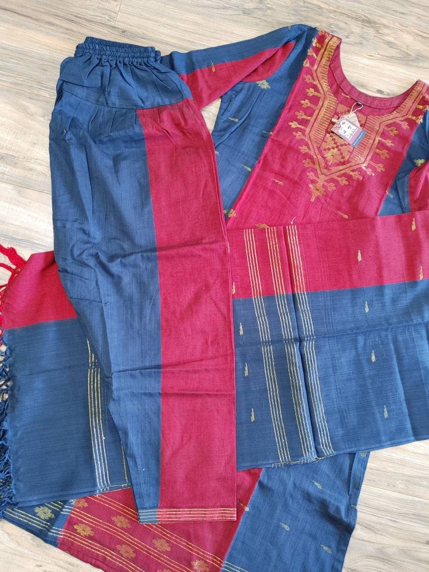 Oversize Handloom Dhakai Jamdani Cotton 3 piece, Maroon - Navy Blue Color with Golden Zari, Comfortable Summer Wear, Kamij-Dupatta-Salwar