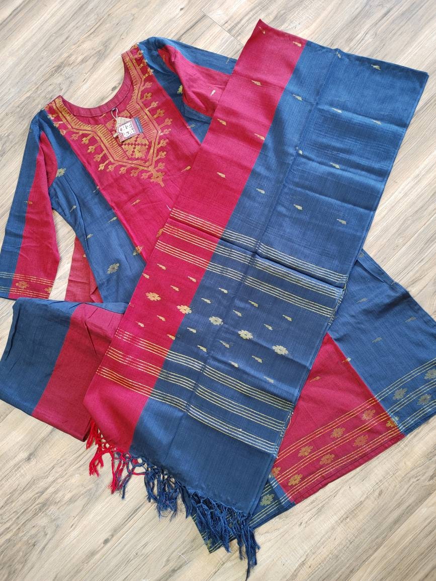 Oversize Handloom Dhakai Jamdani Cotton 3 piece, Maroon - Navy Blue Color with Golden Zari, Comfortable Summer Wear, Kamij-Dupatta-Salwar