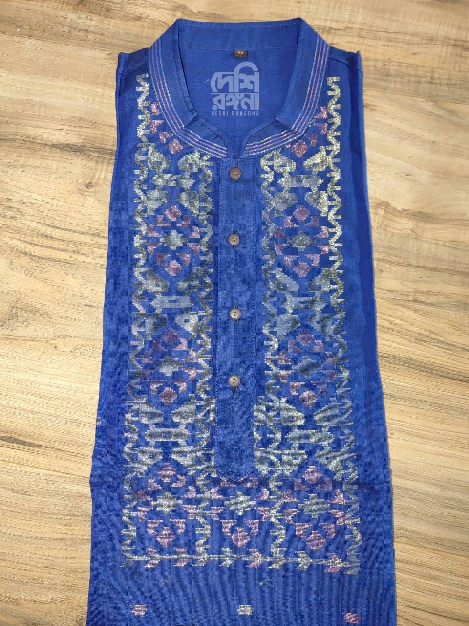 Blue Dhakai Jamdani Pure Cotton Punjabi, Handloom, Comfortable, Elegant, Made in Dhaka, Bangladesh, Loose Fit