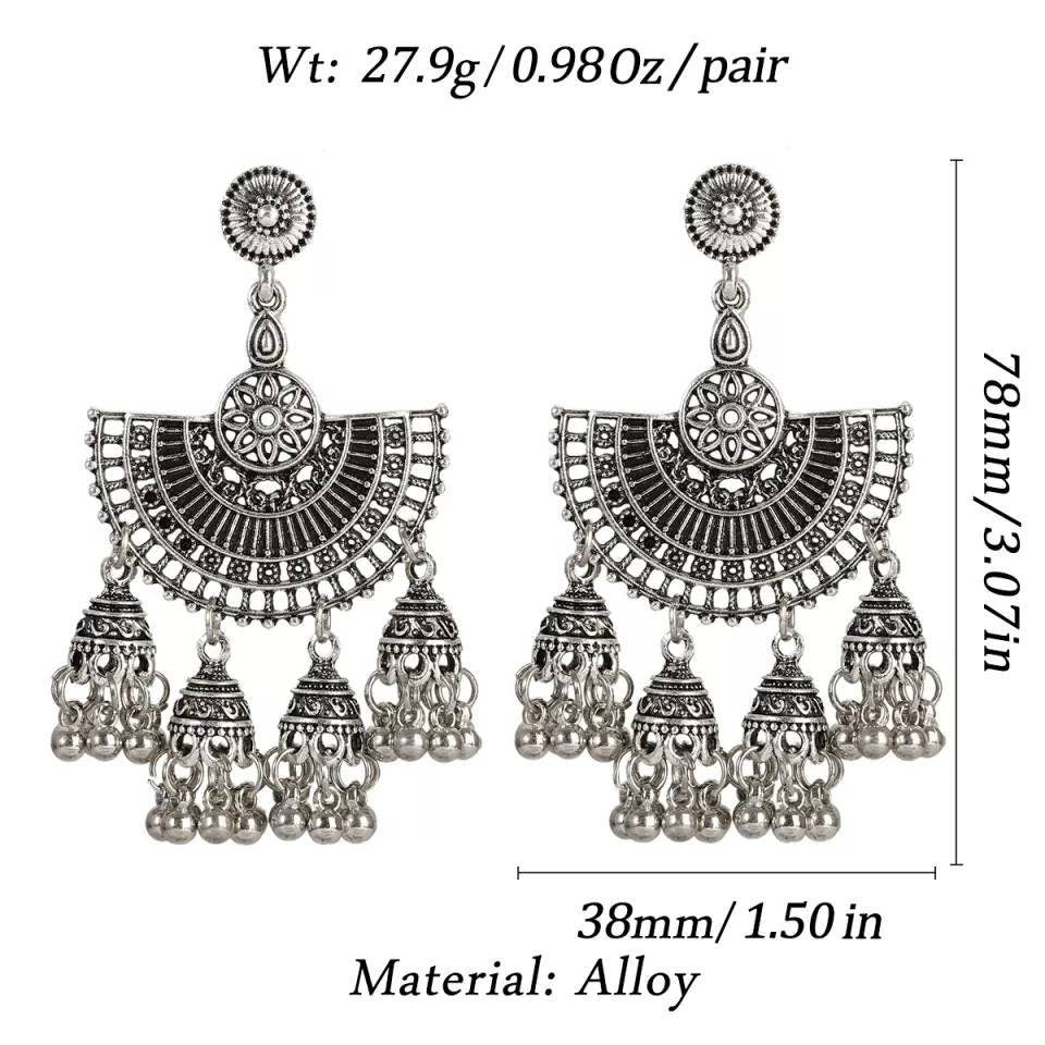 Antique Silver Plated Long Necklace set, Bell theme Jhumka Earrings, Gorgeous Jewelry