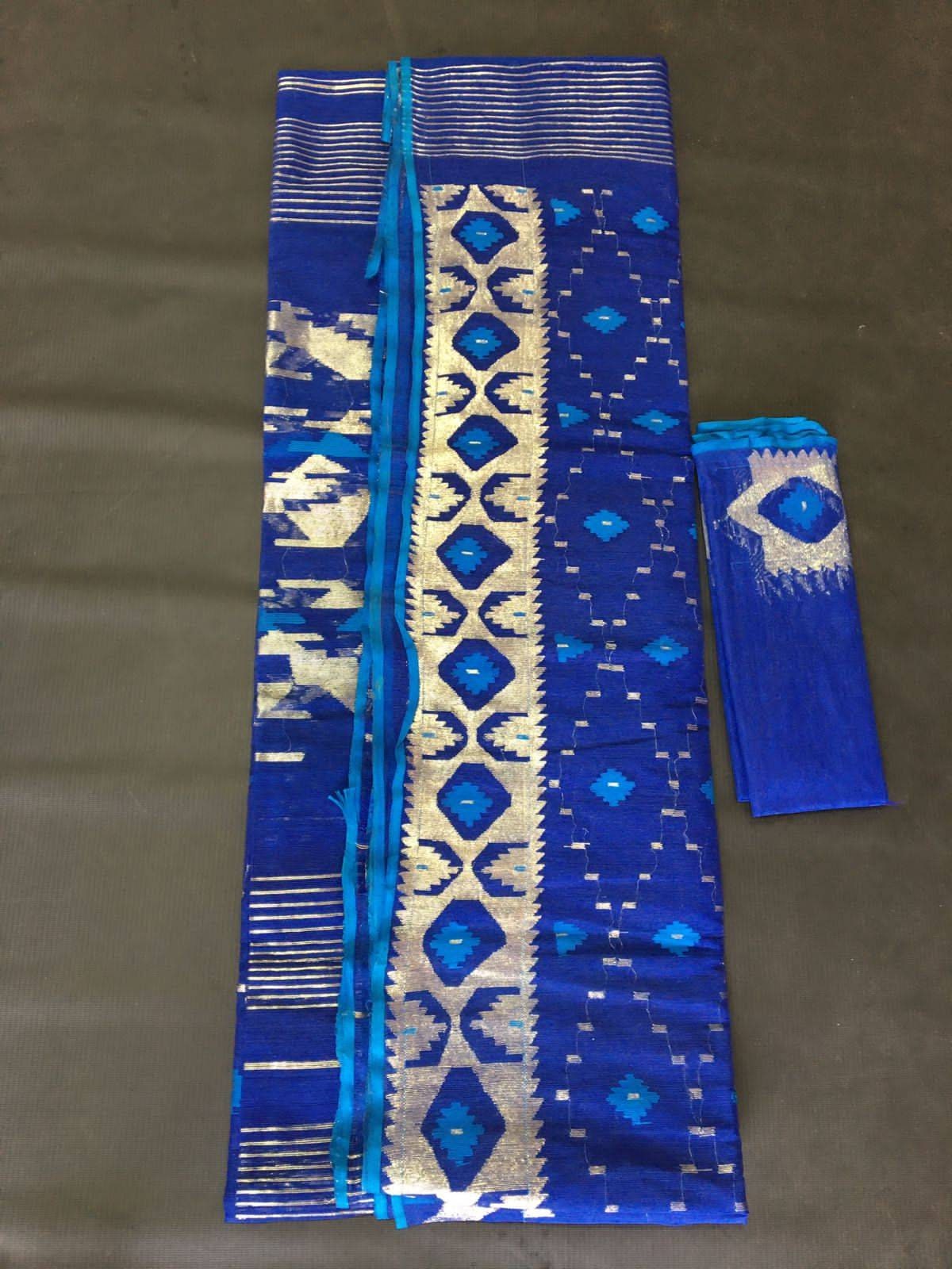 Original Dhakai Handloom Jamdani Saree, Royal Blue with Siver Jari work allover, 84 count thread, Traditional,Elegant,Classy Saree