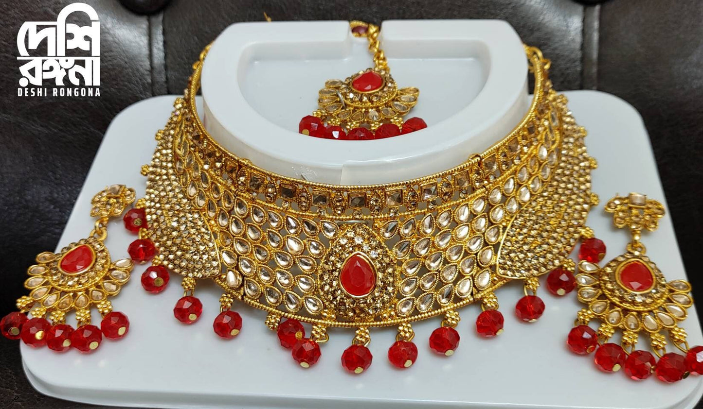 South Indian Women's Gold Plated Bridal Kundan Necklace Set, Designer Antique Fashion Jewelry, Traditional Wedding Jewellery Gift