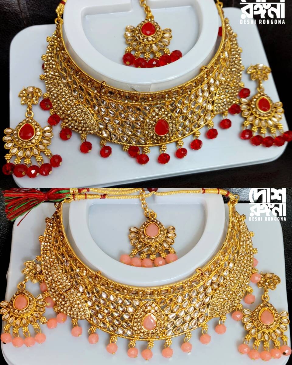 South Indian Women's Gold Plated Bridal Kundan Necklace Set, Designer Antique Fashion Jewelry, Traditional Wedding Jewellery Gift