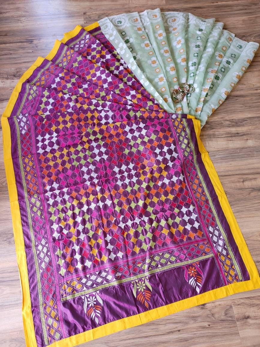 Jamdani Kantha Saree, Burgundy Bangalore Silk with Multi thread work running blouse piece, Elegant, Extraordinary, Classy Jam/Kantha Saree