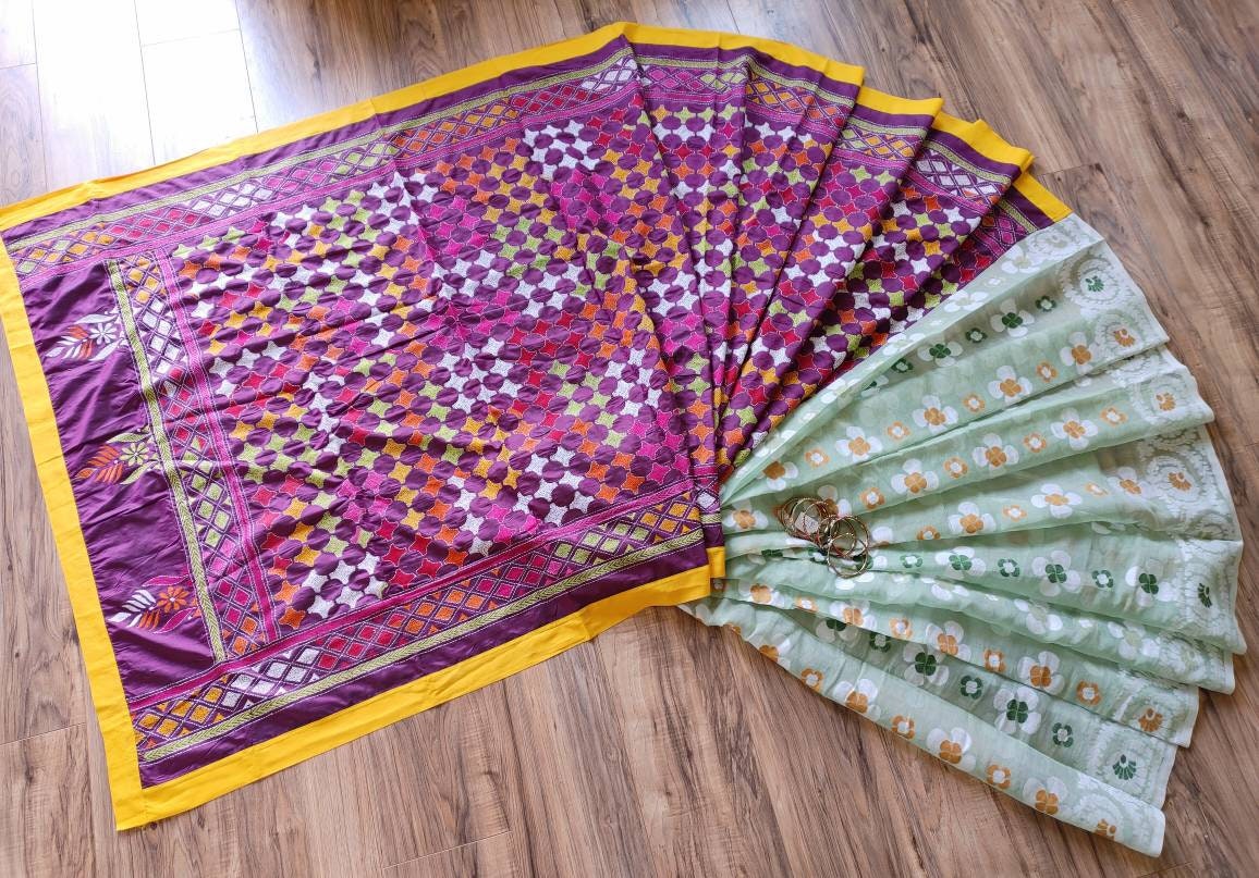 Jamdani Kantha Saree, Burgundy Bangalore Silk with Multi thread work running blouse piece, Elegant, Extraordinary, Classy Jam/Kantha Saree