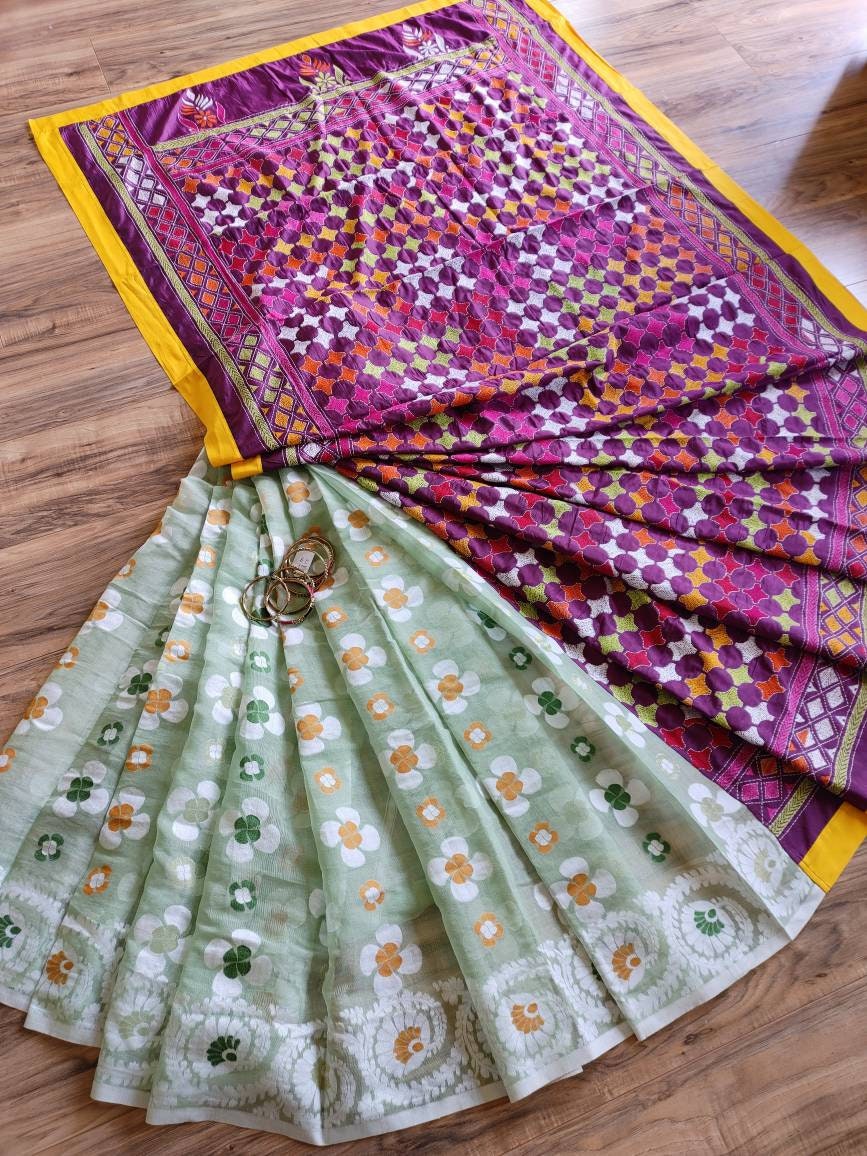Jamdani Kantha Saree, Burgundy Bangalore Silk with Multi thread work running blouse piece, Elegant, Extraordinary, Classy Jam/Kantha Saree