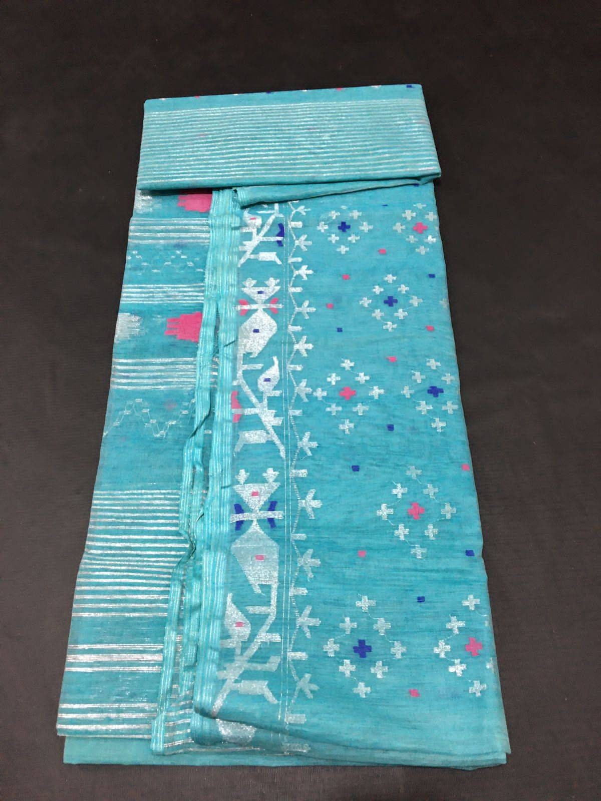 Original Dhakai Jamdani Saree, Turquoise Color, Bangladeshi, Handloom Halfsilk Jamdani, 100 count thread, Traditional, Elegant, Classy Saree