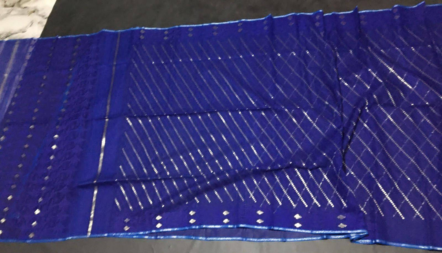 Dhakai Jamdani Saree, Beautiful Royal Blue Color, Handloomed Jamdani 100 count threaded, Traditional,Elegant, Classy Party Saree