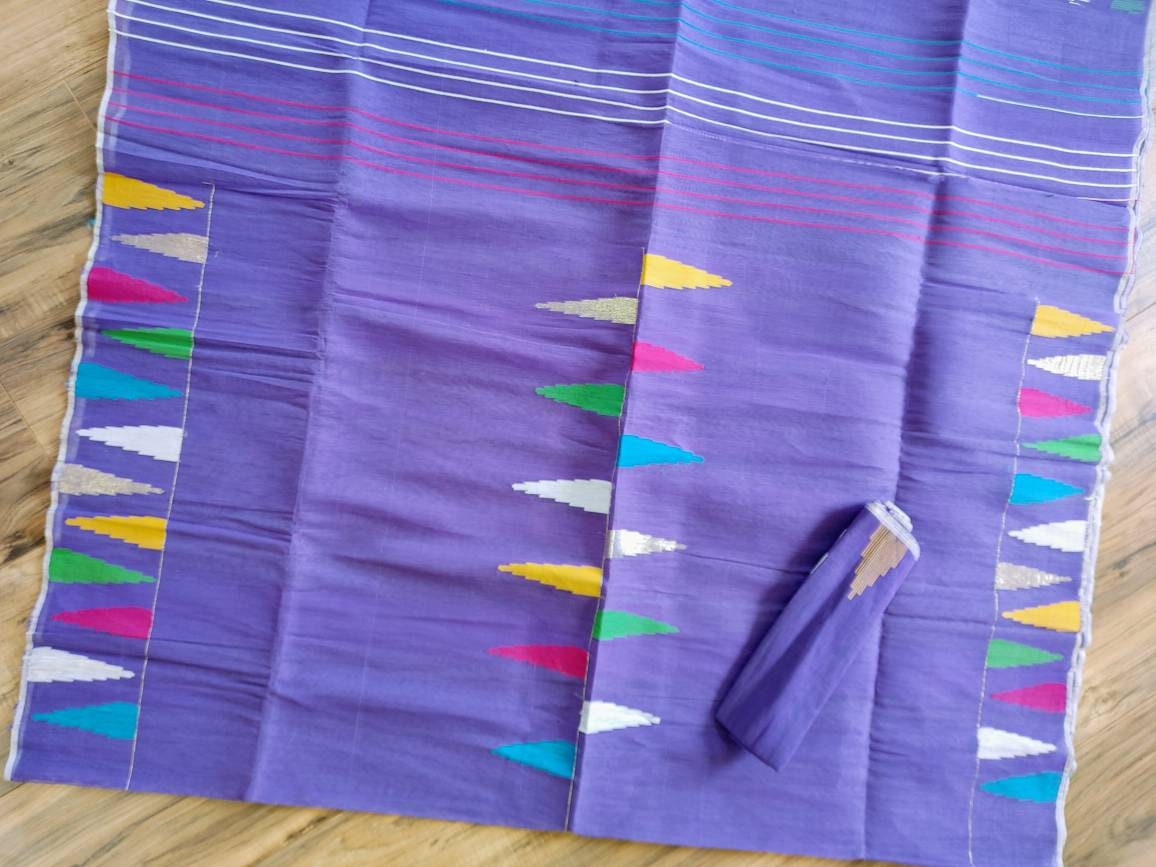Dhakai Jamdani Lavender Halfsilk saree, Made in Bangladesh, Blouse piece available, beautiful multi color temple work theme
